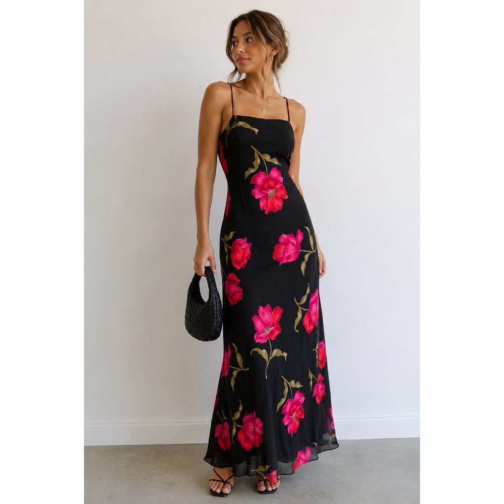 Hampton Nites Black Pink Floral Slip Bias Maxi Dress 12 Vtg 90s Y2K Whimsigoth